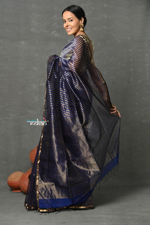 Very Much Indian Handloom Pure Cotton Silk Saree With Trendy Golden Stripes - Indigo Blue - Distacart