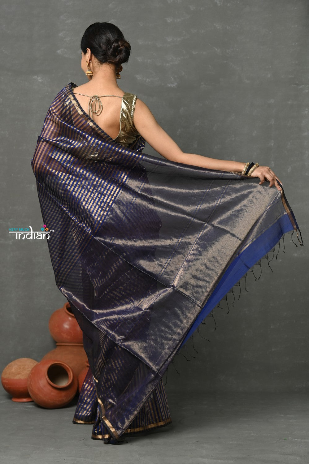 Very Much Indian Handloom Pure Cotton Silk Saree With Trendy Golden Stripes - Indigo Blue - Distacart