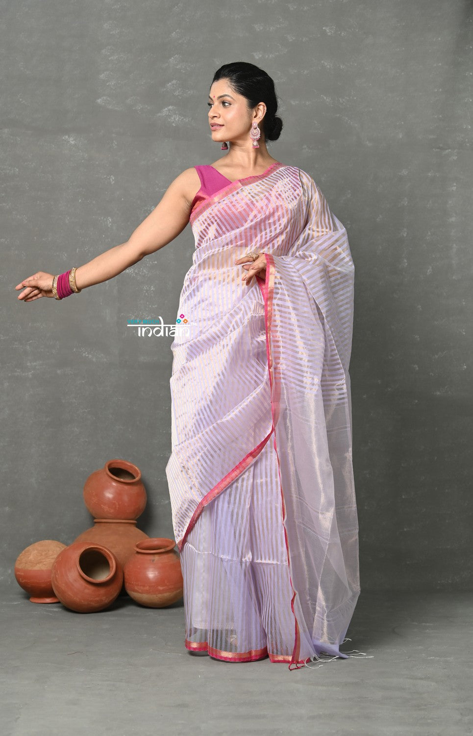 Very Much Indian Handloom Pure Cotton Silk Saree With Trendy Stripes - Pretty Lavender - Distacart