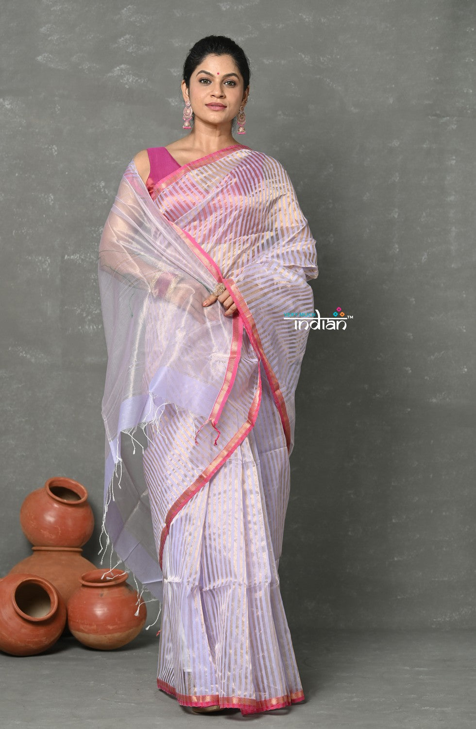 Very Much Indian Handloom Pure Cotton Silk Saree With Trendy Stripes - Pretty Lavender - Distacart