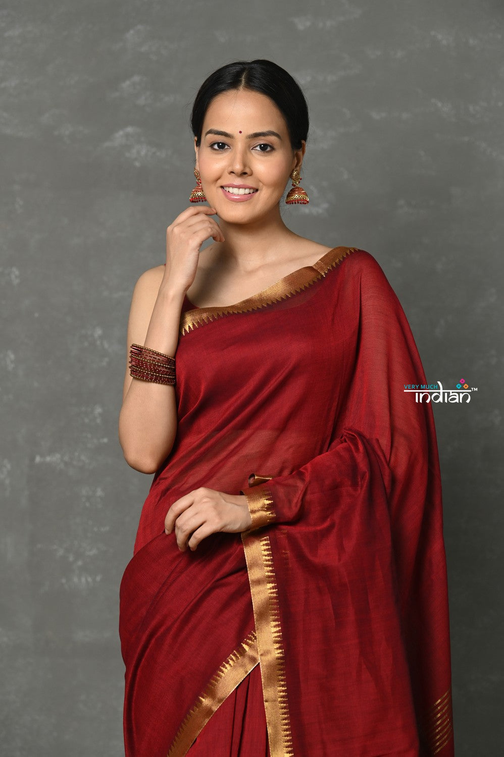 Very Much Indian Designer! High Quality Pure Mul Cotton Handloom Saree - Maroon - Distacart
