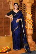 Thumbnail for Very Much Indian Gaurangi - Handloom Cotton Silk Saree with Sleek Golden Border in Exclusive Deep Blue