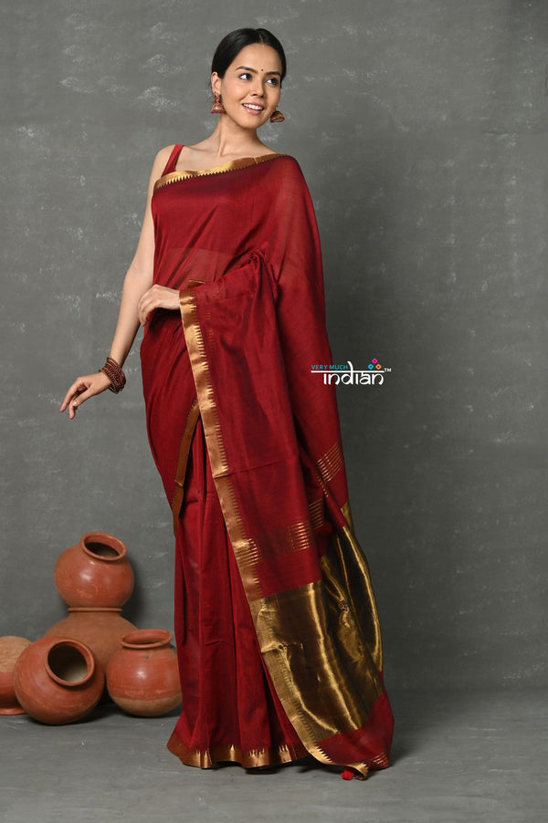 Very Much Indian Designer! High Quality Pure Mul Cotton Handloom Saree - Maroon - Distacart