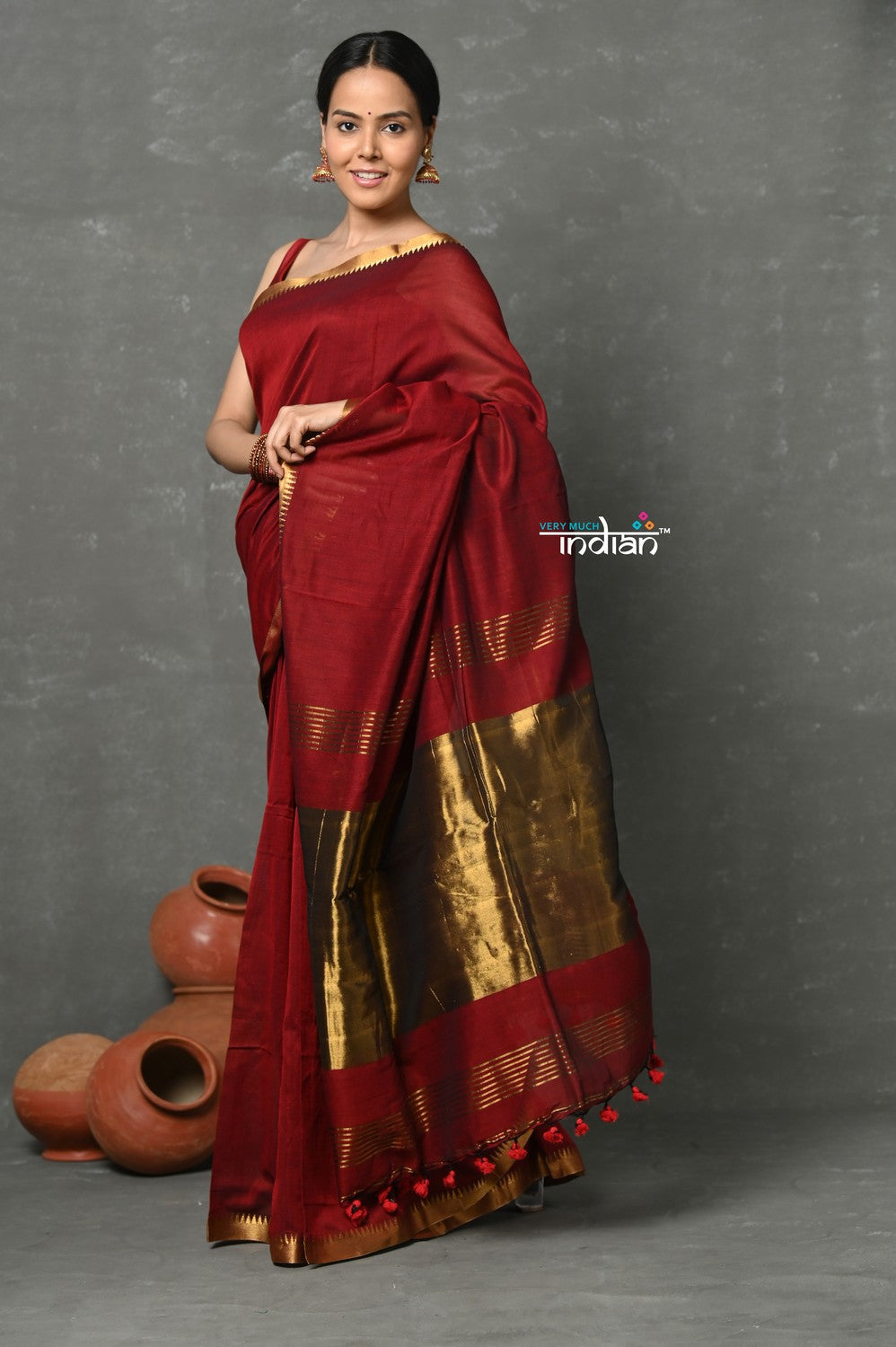Very Much Indian Designer! High Quality Pure Mul Cotton Handloom Saree - Maroon - Distacart