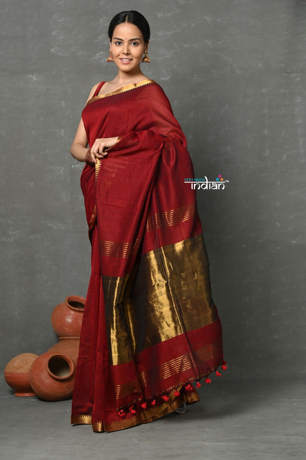 Very Much Indian Designer! High Quality Pure Mul Cotton Handloom Saree - Maroon - Distacart