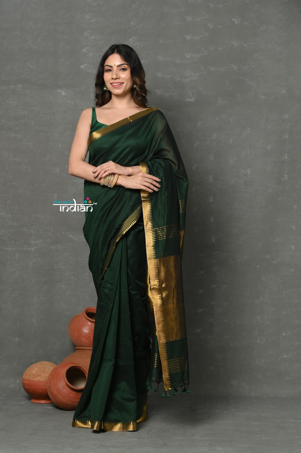 Very Much Indian ! High Quality Pure Mul Cotton Handloom Saree - Dark Green - Distacart