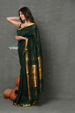 Thumbnail for Very Much Indian ! High Quality Pure Mul Cotton Handloom Saree - Dark Green - Distacart