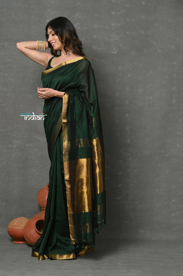 Very Much Indian ! High Quality Pure Mul Cotton Handloom Saree - Dark Green - Distacart