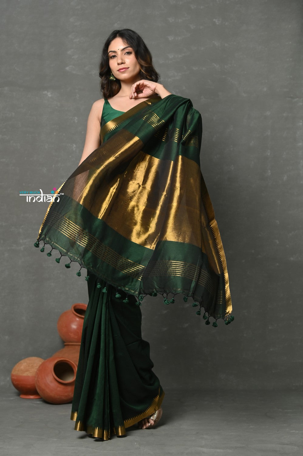 Very Much Indian ! High Quality Pure Mul Cotton Handloom Saree - Dark Green - Distacart
