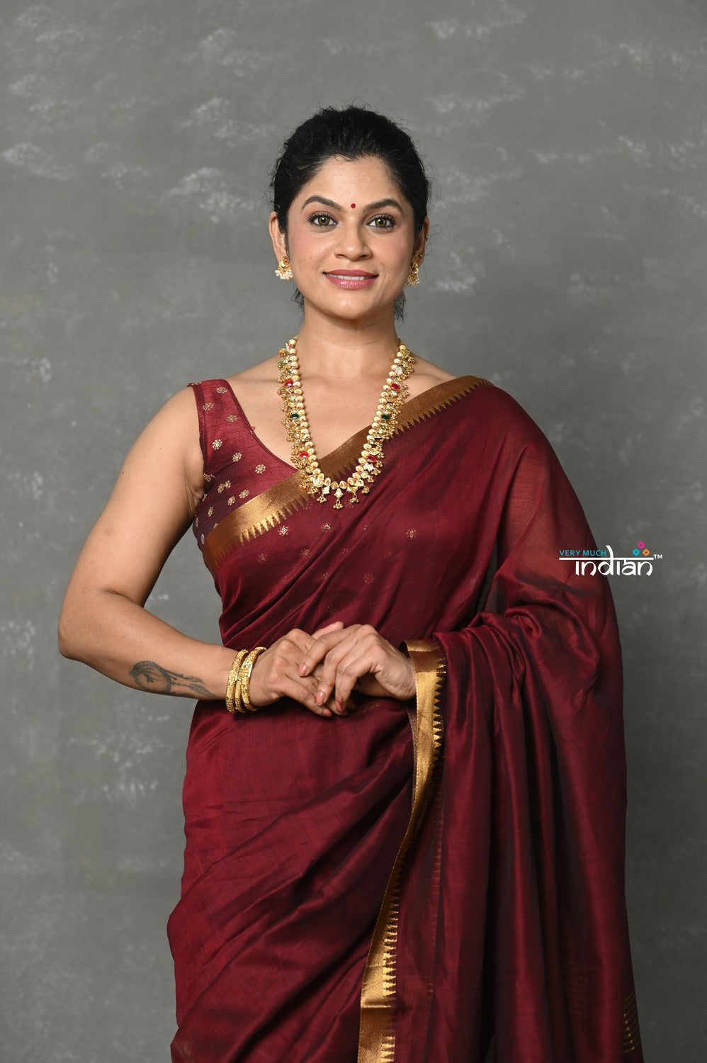 Very Much Indian Tyohaar - Designer! High Quality Pure Mul Cotton Handloom Saree - Dark Maroon - Distacart