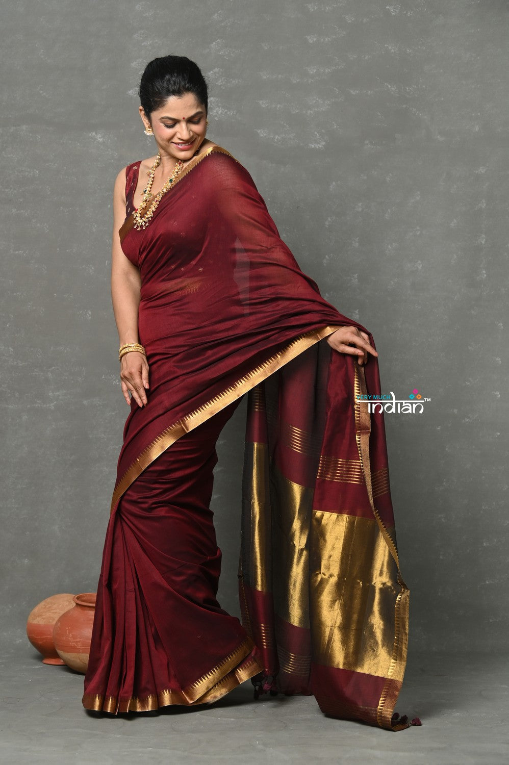 Very Much Indian Designer! High Quality Pure Mul Cotton Handloom Saree - Dark Maroon - Distacart
