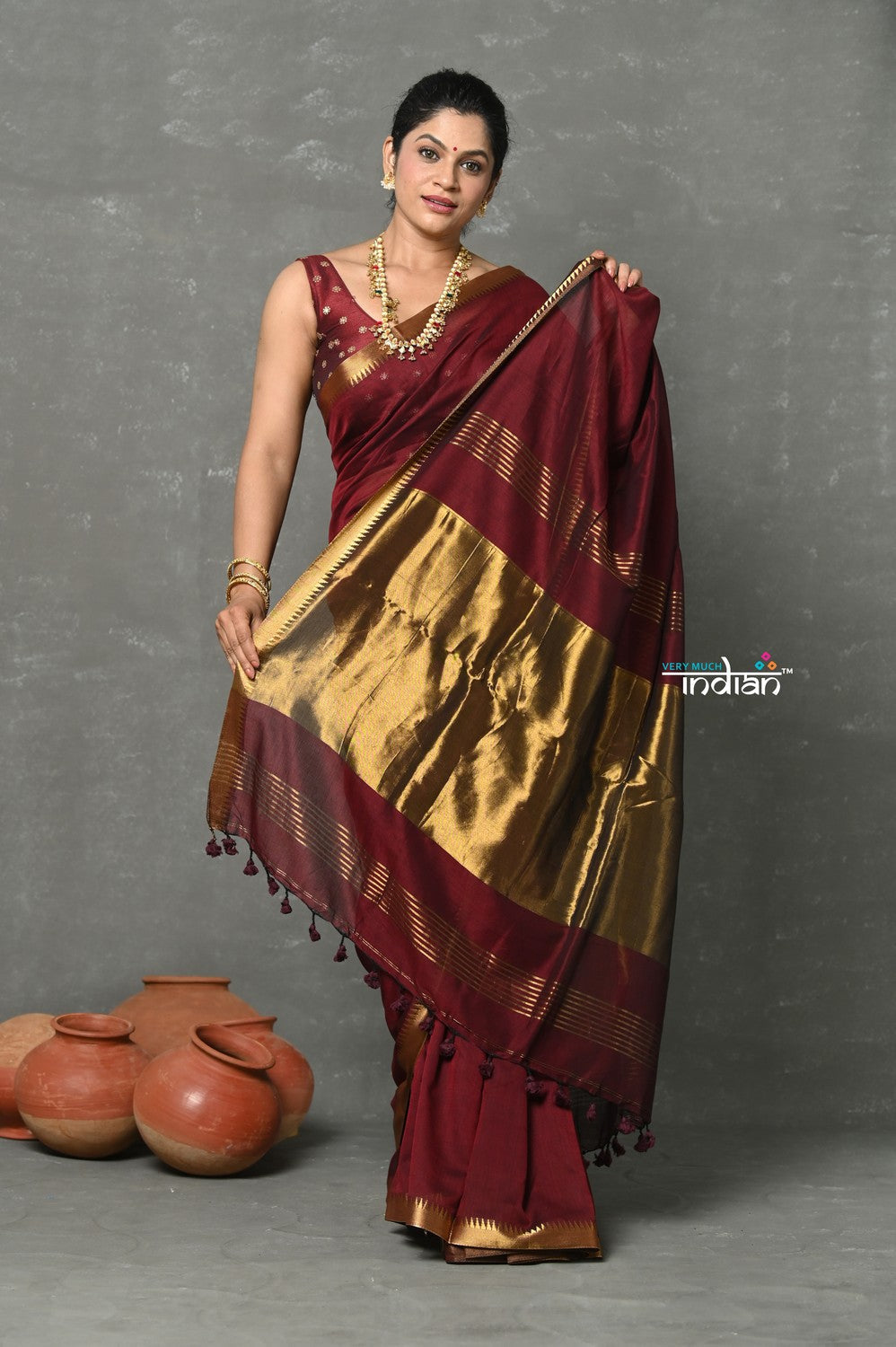 Very Much Indian Tyohaar - Designer! High Quality Pure Mul Cotton Handloom Saree - Dark Maroon - Distacart