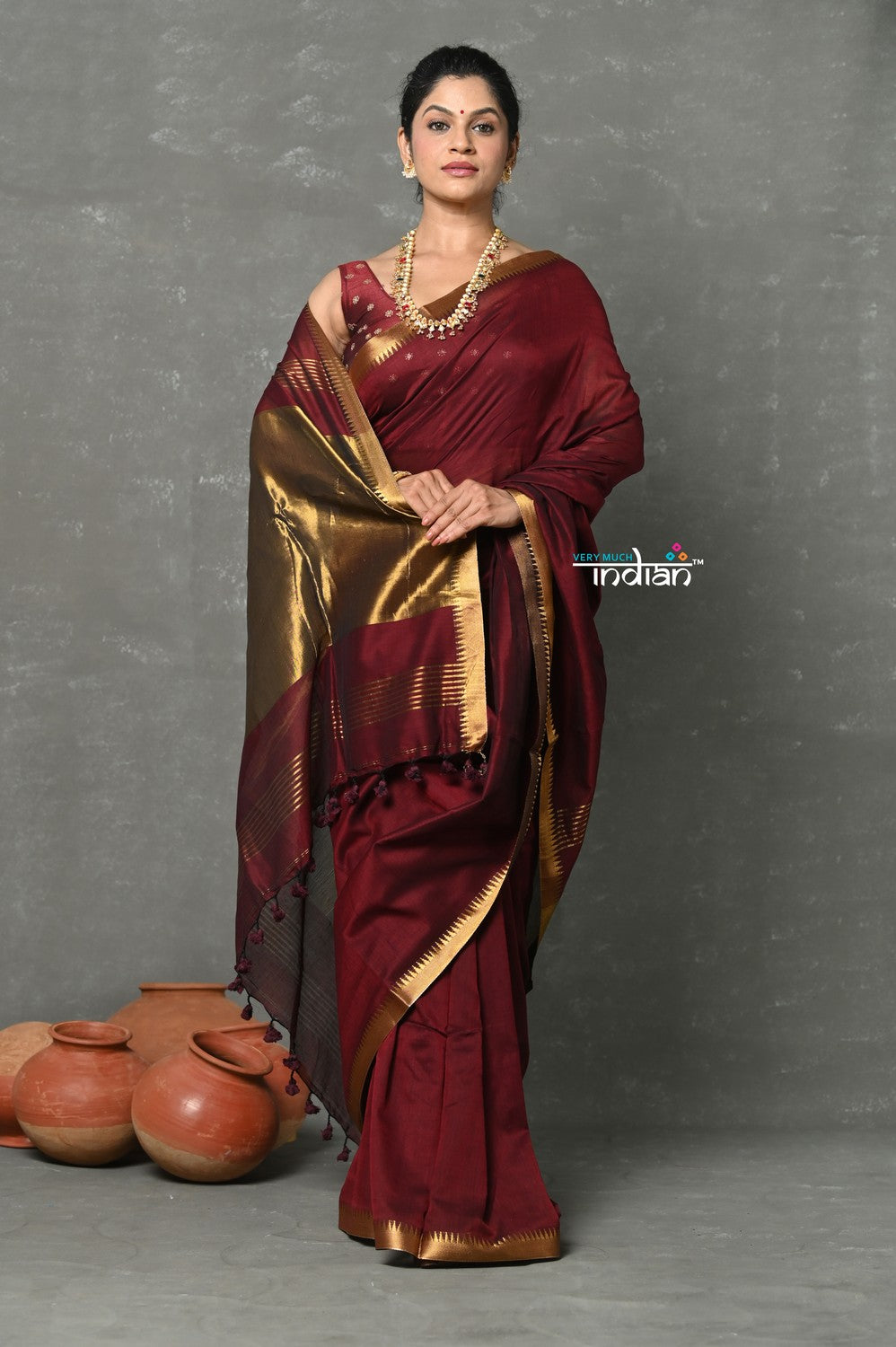 Very Much Indian Tyohaar - Designer! High Quality Pure Mul Cotton Handloom Saree - Dark Maroon - Distacart