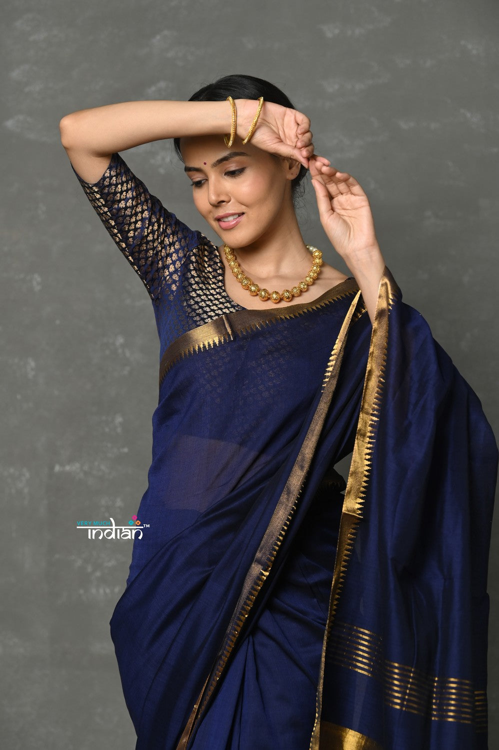 Very Much Indian Designer! High Quality Pure Mul Cotton Handloom Saree - Dark Blue - Distacart