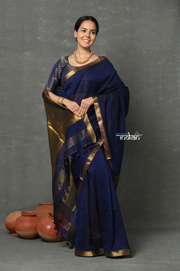 Very Much Indian Designer! High Quality Pure Mul Cotton Handloom Saree - Dark Blue - Distacart