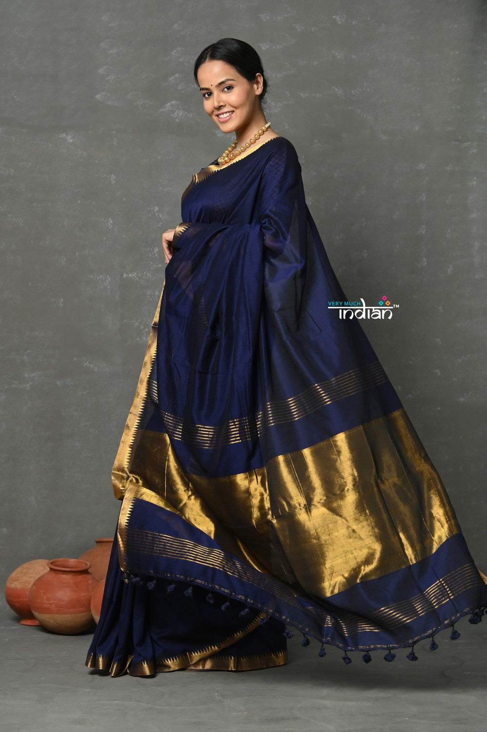 Very Much Indian Designer! High Quality Pure Mul Cotton Handloom Saree - Dark Blue - Distacart