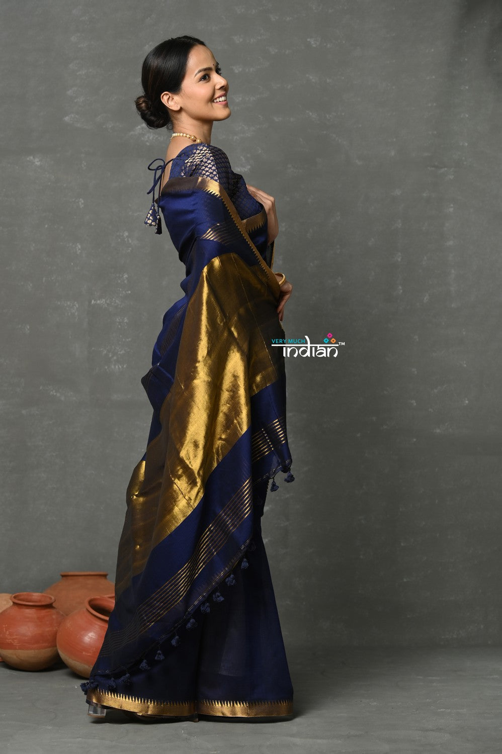 Very Much Indian Tyohaar - Designer! High Quality Pure Mul Cotton Handloom Saree - Dark Blue - Distacart