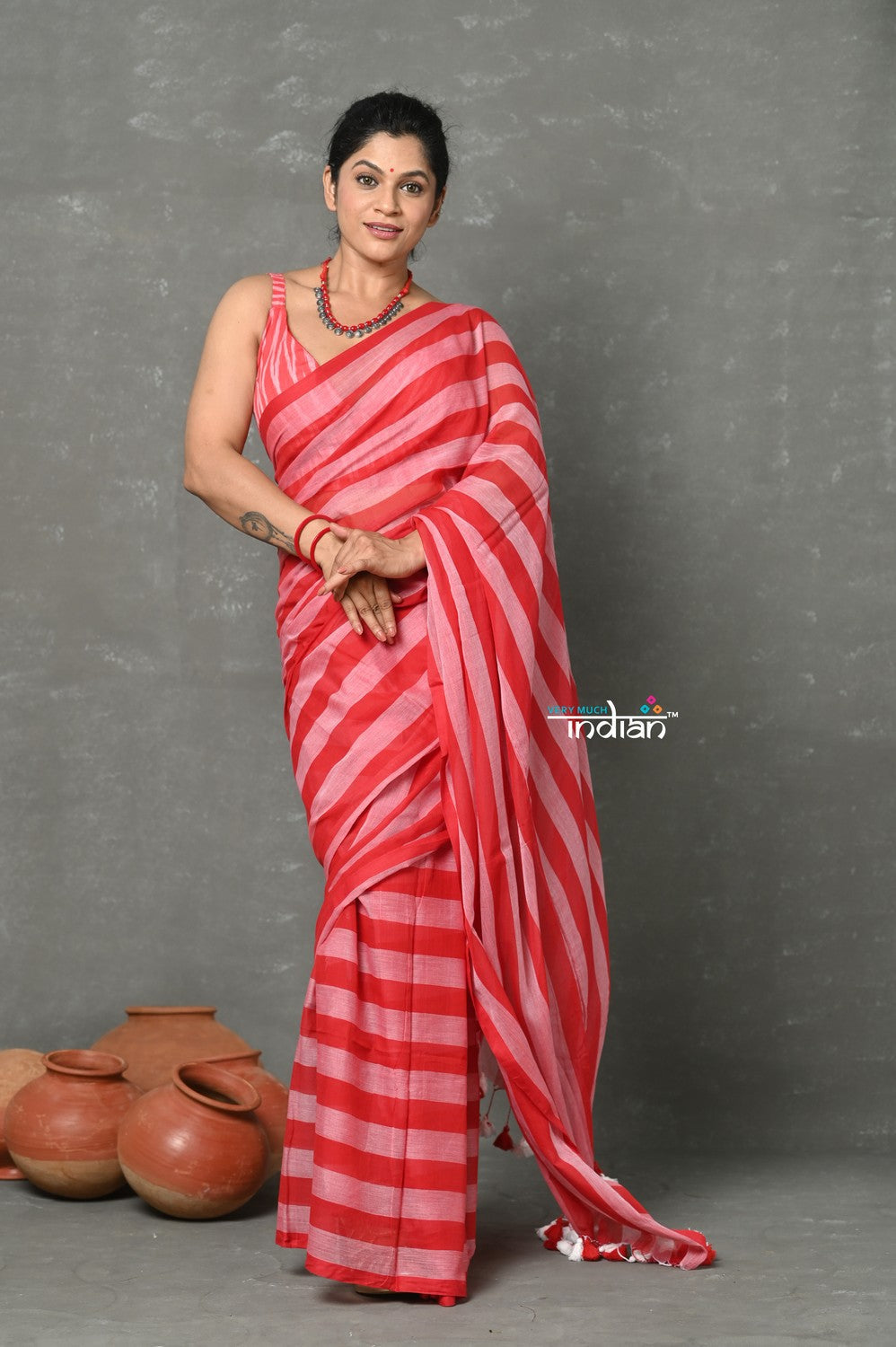 Very Much Indian Designer! High Quality Pure Mul Cotton Handloom Saree - Red - Distacart
