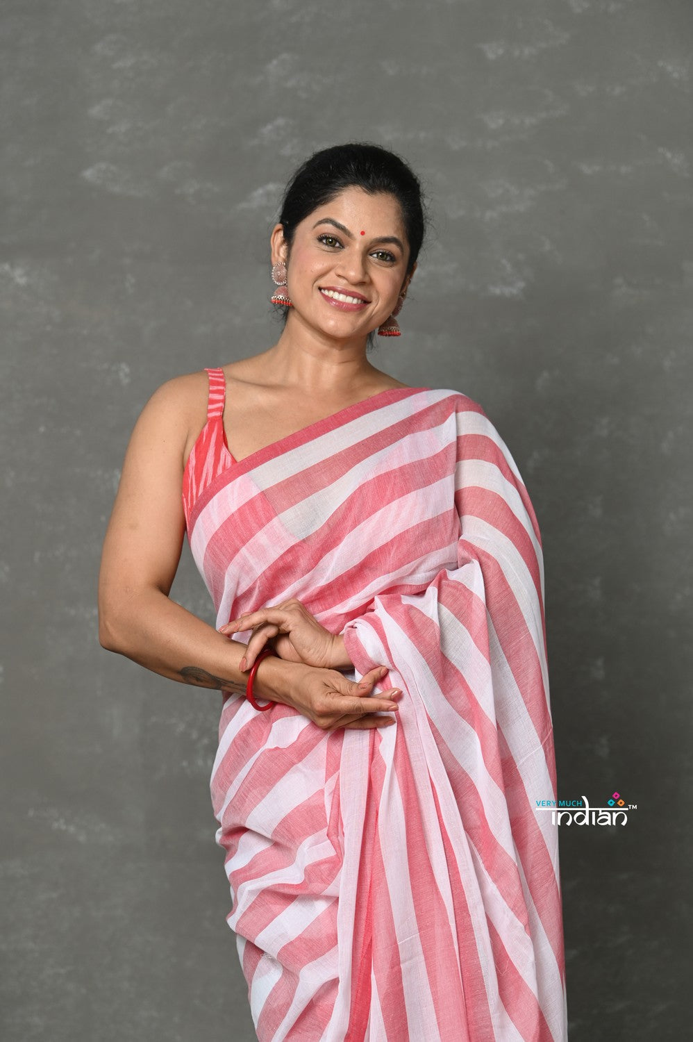 Very Much Indian Tyohaar - Designer! Pure Mul Cotton Handloom Saree - Red White Stripes - Distacart