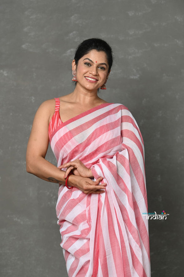 Very Much Indian Tyohaar - Designer! Pure Mul Cotton Handloom Saree - Red White Stripes - Distacart