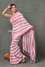 Thumbnail for Very Much Indian Tyohaar - Designer! Pure Mul Cotton Handloom Saree - Red White Stripes - Distacart