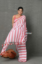 Thumbnail for Very Much Indian Tyohaar - Designer! Pure Mul Cotton Handloom Saree - Red White Stripes - Distacart