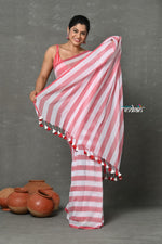 Thumbnail for Very Much Indian Tyohaar - Designer! Pure Mul Cotton Handloom Saree - Red White Stripes - Distacart