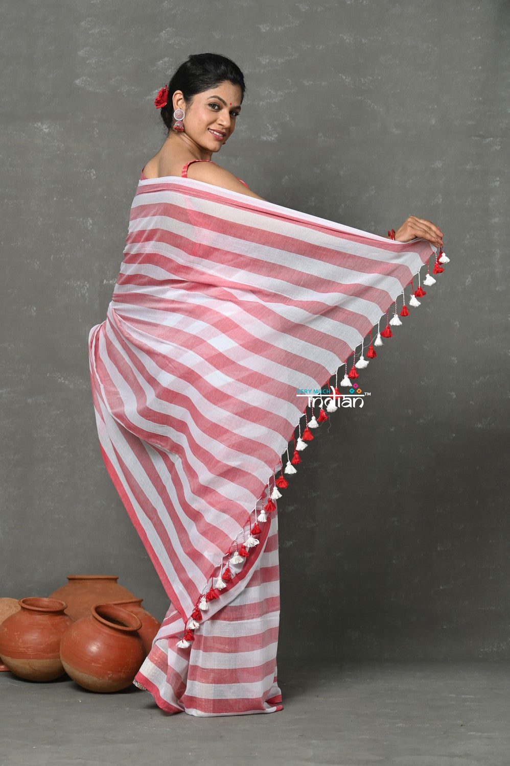 Very Much Indian Tyohaar - Designer! Pure Mul Cotton Handloom Saree - Red White Stripes - Distacart