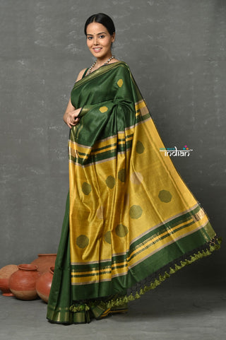 Very Much Indian Tyohaar - Cotton Silk Saree By Khadigram Certified Weavers - Olive Green with Mustard Yellow - Distacart