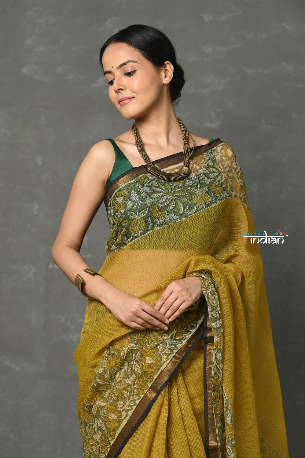 Very Much Indian Pure Kota Cotton Handblock Printed - Olive Yellow - Distacart