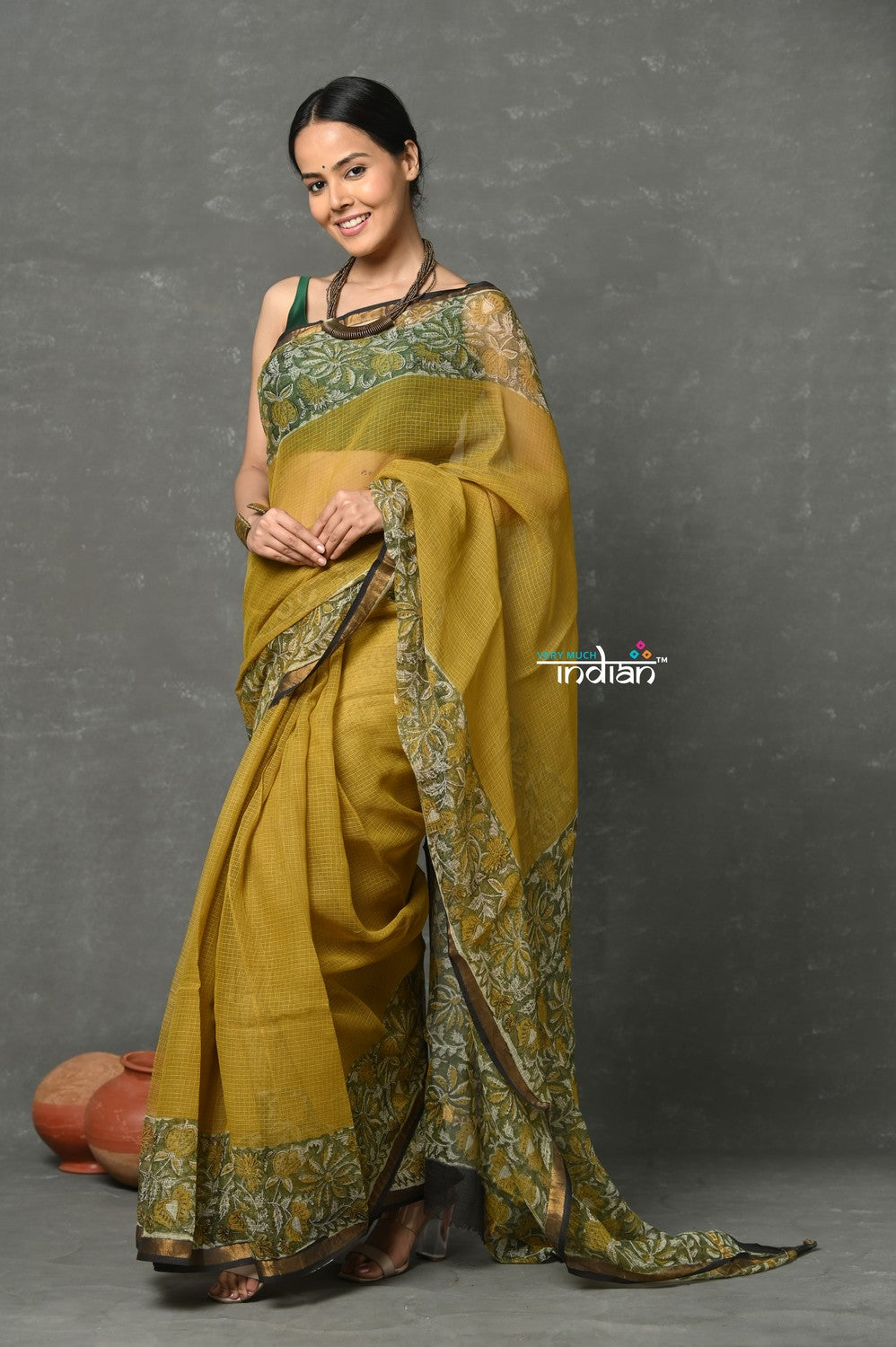 Very Much Indian Pure Kota Cotton Handblock Printed - Olive Yellow - Distacart