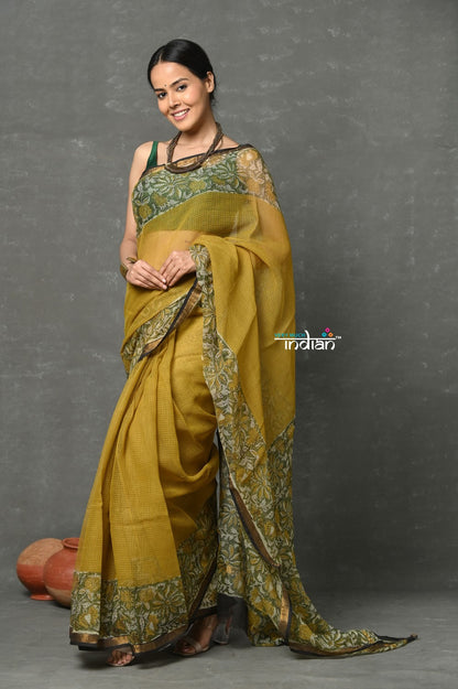 Very Much Indian Pure Kota Cotton Handblock Printed - Olive Yellow - Distacart