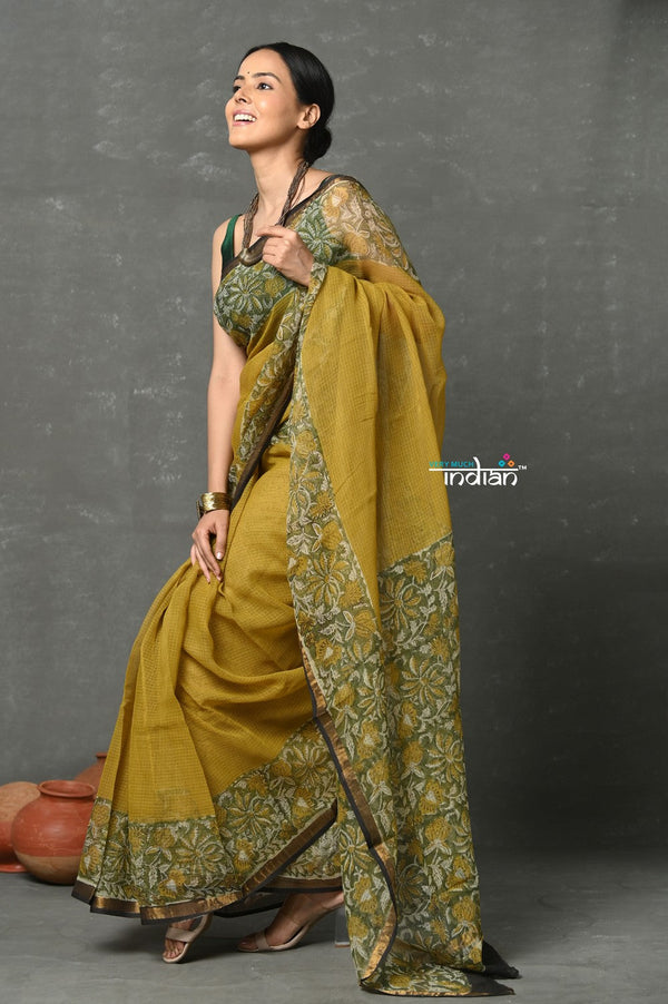 Very Much Indian Pure Kota Cotton Handblock Printed - Olive Yellow - Distacart