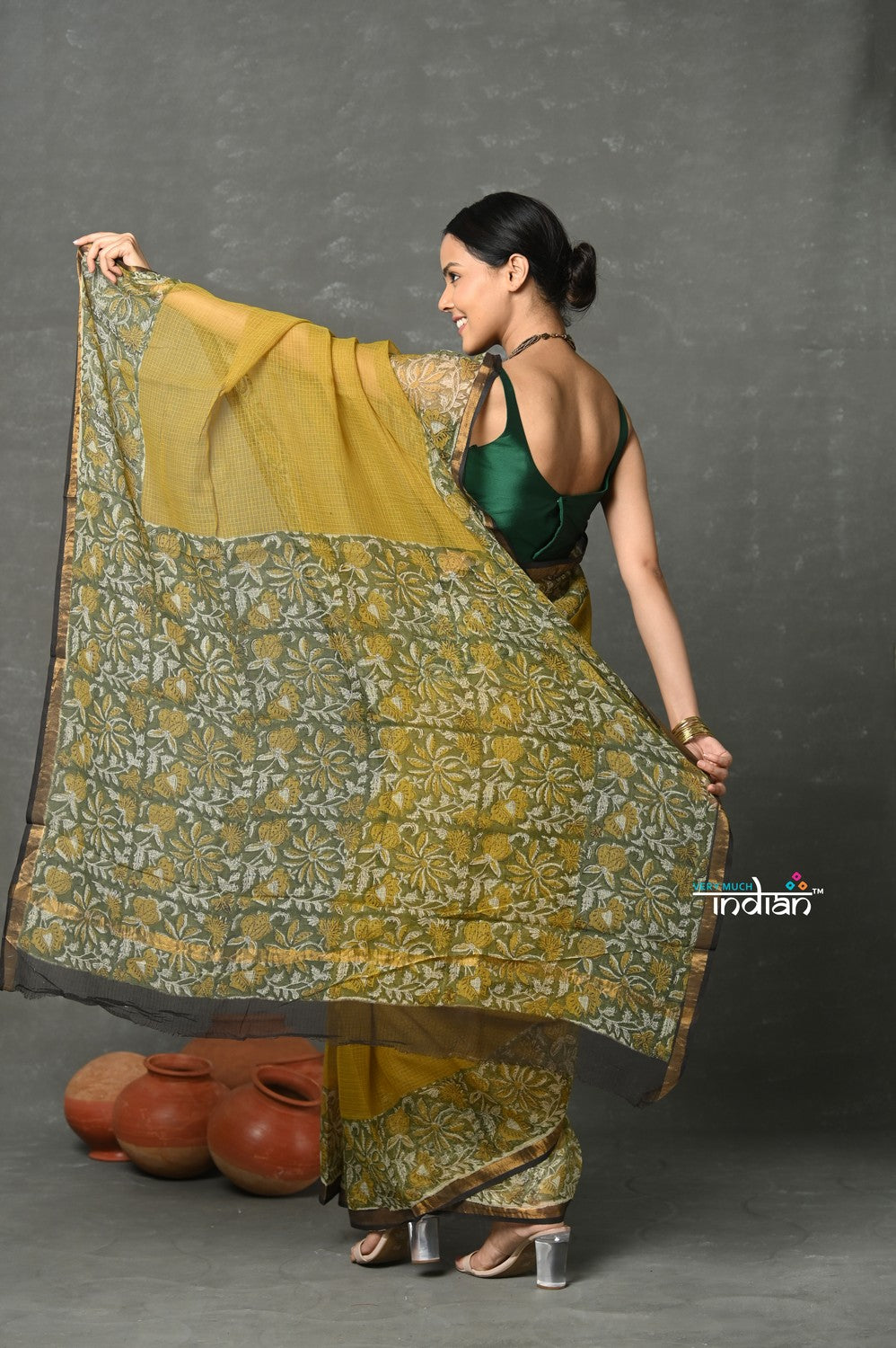Very Much Indian Pure Kota Cotton Handblock Printed - Olive Yellow - Distacart