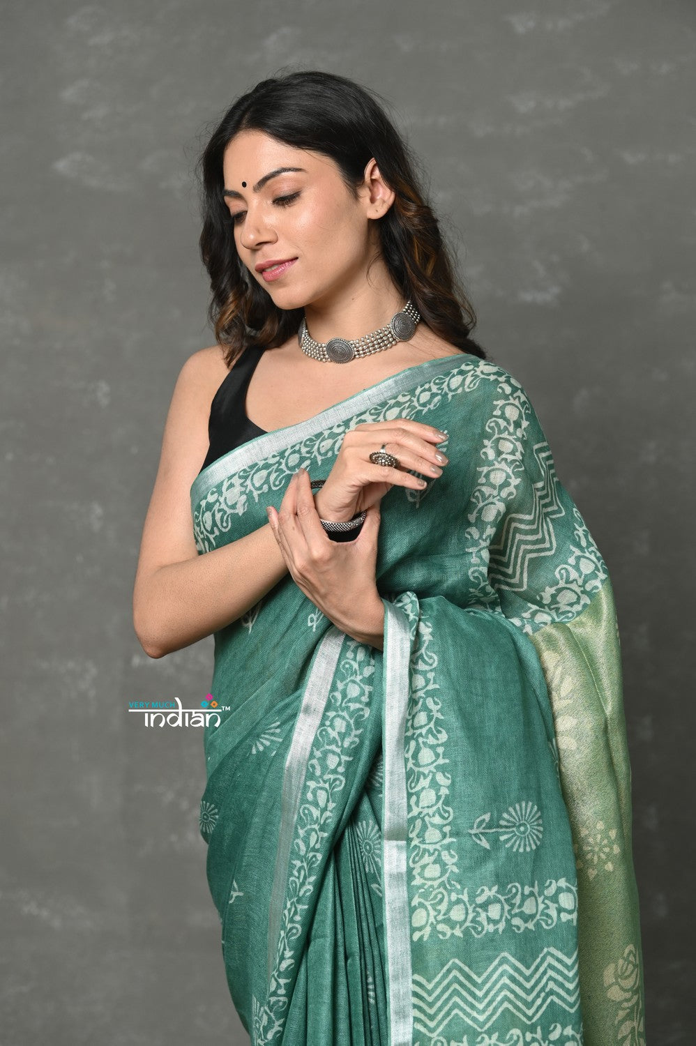 Very Much Indian Designed By VMI~ Handloom Pure Organic Natural Linen Saree - HandBlock Printed - Olive Green - Distacart