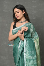 Thumbnail for Very Much Indian Designed By VMI~ Handloom Pure Organic Natural Linen Saree - HandBlock Printed - Olive Green - Distacart