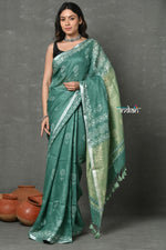 Thumbnail for Very Much Indian Designed By VMI~ Handloom Pure Organic Natural Linen Saree - HandBlock Printed - Olive Green - Distacart