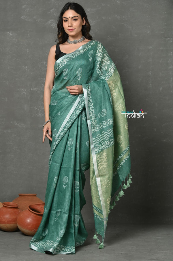 Very Much Indian Designed By VMI~ Handloom Pure Organic Natural Linen Saree - HandBlock Printed - Olive Green - Distacart