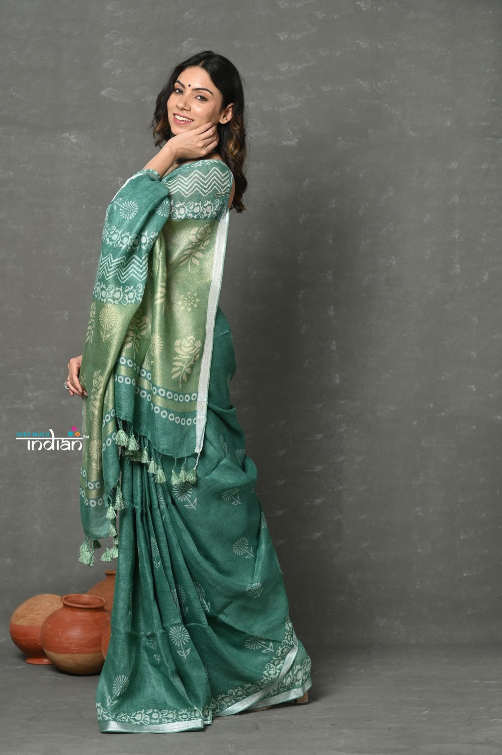 Very Much Indian Designed By VMI~ Handloom Pure Organic Natural Linen Saree - HandBlock Printed - Olive Green - Distacart
