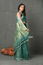 Thumbnail for Very Much Indian Designed By VMI~ Handloom Pure Organic Natural Linen Saree - HandBlock Printed - Olive Green - Distacart