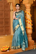Thumbnail for Very Much Indian Gaurangi - Handloom Cotton Silk Saree with Golden Border in Exclusive Sky Blue