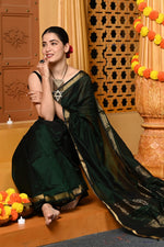 Thumbnail for Very Much Indian Gaurangi - Handloom Cotton Silk Saree with Golden Border in Exclusive Royal Green