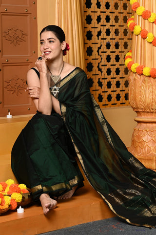 Very Much Indian Gaurangi - Handloom Cotton Silk Saree with Golden Border in Exclusive Royal Green