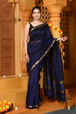 Thumbnail for Very Much Indian Gaurangi - Handloom Cotton Silk Saree with Golden Border in Exclusive Dark Blue