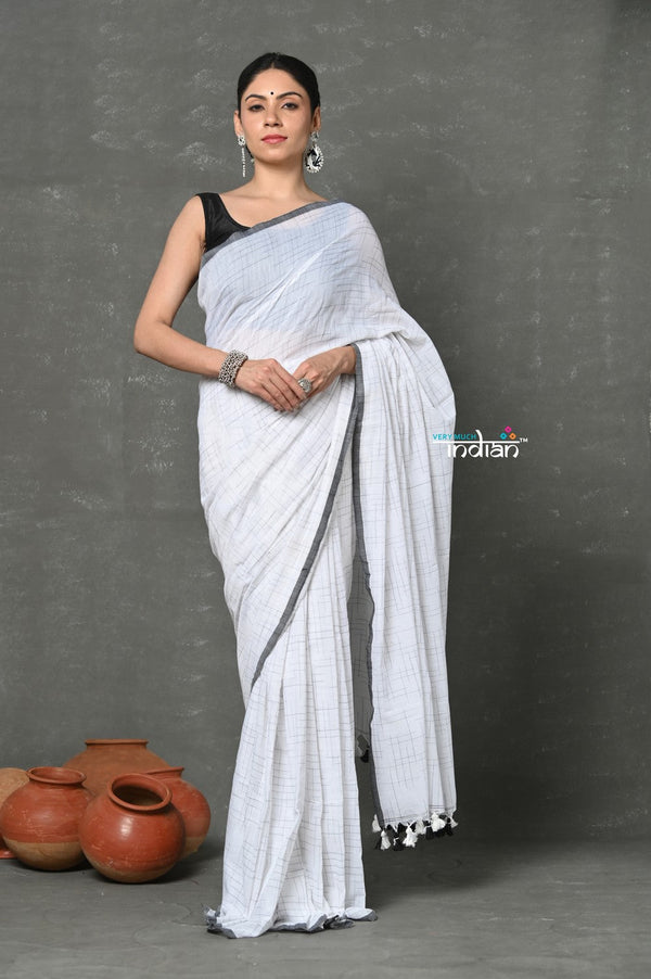 Very Much Indian Tyohaar - Mul Cotton Khadi Design Handloom Woven Saree - White