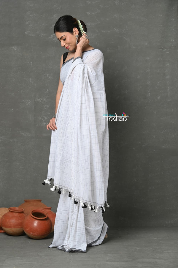 Very Much Indian Mul Cotton Khadi Design Handloom Woven Saree - White - Distacart