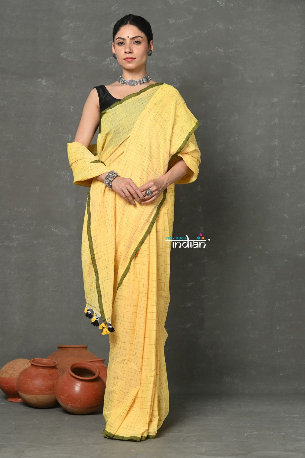 Very Much Indian Mul Cotton Khadi Design Handloom Woven Saree - Yellow - Distacart