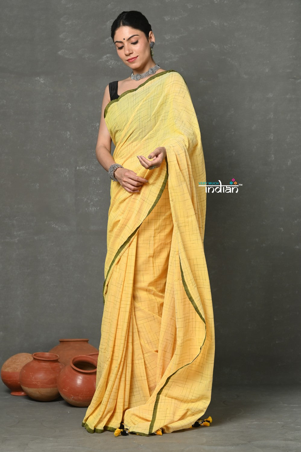 Very Much Indian Tyohaar - Mul Cotton Khadi Design Handloom Woven Saree - Yellow - Distacart