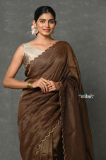Thumbnail for Very Much Indian Mul Cotton Zari Design Handloom Woven Saree - Brown - Distacart