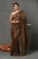 Thumbnail for Very Much Indian Mul Cotton Zari Design Handloom Woven Saree - Brown - Distacart